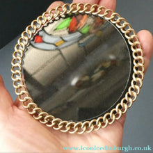 Load image into Gallery viewer, ANTIQUE 1880s Brass Chain Easel Stand Photo Frame. 3 3/4 inches diameter
