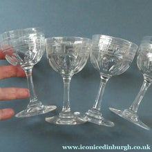 Load image into Gallery viewer, Set of FOUR Antique Cordial Glasses. Each with Etched Greek Key Pattern and Sliced Facets
