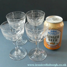 Load image into Gallery viewer, Set of FOUR Antique Cordial Glasses. Each with Etched Greek Key Pattern and Sliced Facets
