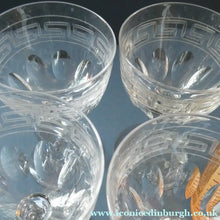 Load image into Gallery viewer, Set of FOUR Antique Cordial Glasses. Each with Etched Greek Key Pattern and Sliced Facets
