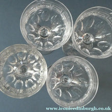 Load image into Gallery viewer, Set of FOUR Antique Cordial Glasses. Each with Etched Greek Key Pattern and Sliced Facets
