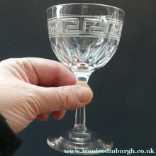 Load image into Gallery viewer, Set of FOUR Antique Cordial Glasses. Each with Etched Greek Key Pattern and Sliced Facets
