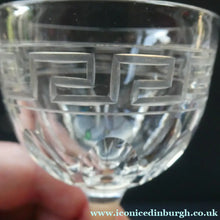 Load image into Gallery viewer, Set of FOUR Antique Cordial Glasses. Each with Etched Greek Key Pattern and Sliced Facets
