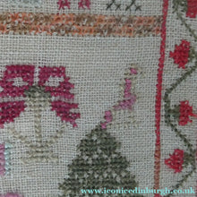 Load image into Gallery viewer, ANTIQUE 19th Century Embroidered Sampler with Letters and Floral Designs &amp; Wild Strawberry Border - Textile
