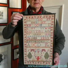 Load image into Gallery viewer, ANTIQUE 19th Century Embroidered Sampler with Letters and Floral Designs &amp; Wild Strawberry Border - Textile
