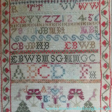 Load image into Gallery viewer, ANTIQUE 19th Century Embroidered Sampler with Letters and Floral Designs &amp; Wild Strawberry Border - Textile
