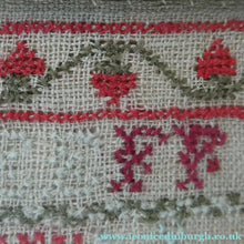 Load image into Gallery viewer, ANTIQUE 19th Century Embroidered Sampler with Letters and Floral Designs &amp; Wild Strawberry Border - Textile
