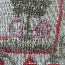 Load image into Gallery viewer, ANTIQUE 19th Century Embroidered Sampler with Letters and Floral Designs &amp; Wild Strawberry Border - Textile
