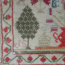 Load image into Gallery viewer, ANTIQUE 19th Century Embroidered Sampler with Letters and Floral Designs &amp; Wild Strawberry Border - Textile
