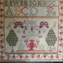 Load image into Gallery viewer, ANTIQUE 19th Century Embroidered Sampler with Letters and Floral Designs &amp; Wild Strawberry Border - Textile
