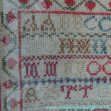 Load image into Gallery viewer, ANTIQUE 19th Century Embroidered Sampler with Letters and Floral Designs &amp; Wild Strawberry Border - Textile
