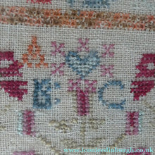 Load image into Gallery viewer, ANTIQUE 19th Century Embroidered Sampler with Letters and Floral Designs &amp; Wild Strawberry Border - Textile
