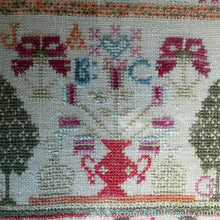 Load image into Gallery viewer, ANTIQUE 19th Century Embroidered Sampler with Letters and Floral Designs &amp; Wild Strawberry Border - Textile
