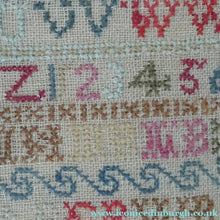 Load image into Gallery viewer, ANTIQUE 19th Century Embroidered Sampler with Letters and Floral Designs &amp; Wild Strawberry Border - Textile
