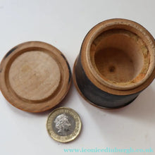 Load image into Gallery viewer, Antique 19th Century MAUCHLINE Ware Box in Shape of a Cotton Reel. CHILLINGHAM WILD CATTLE Image - Vintage Box
