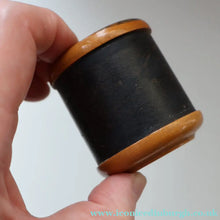 Load image into Gallery viewer, Antique 19th Century MAUCHLINE Ware Box in Shape of a Cotton Reel. CHILLINGHAM WILD CATTLE Image
