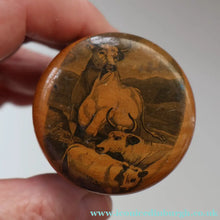 Load image into Gallery viewer, Antique 19th Century MAUCHLINE Ware Box in Shape of a Cotton Reel. CHILLINGHAM WILD CATTLE Image
