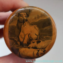 Load image into Gallery viewer, Antique 19th Century MAUCHLINE Ware Box in Shape of a Cotton Reel. CHILLINGHAM WILD CATTLE Image
