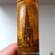 Load image into Gallery viewer, Antique 19th Century MAUCHLINE Ware Cylindrical NEEDLE CASE with image of the Scott Monument, Edinburgh
