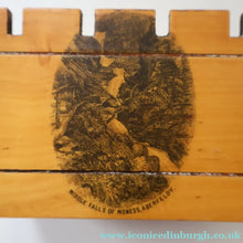 Load image into Gallery viewer, Antique 19th Century MAUCHLINE Ware MONEY BOX or BANK. In the Form of a Castle (with image of the Aberfeldy Waterfall)
