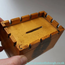 Load image into Gallery viewer, Antique 19th Century MAUCHLINE Ware MONEY BOX or BANK. In the Form of a Castle (with image of the Aberfeldy Waterfall)
