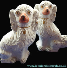 Load image into Gallery viewer, Antique Staffordshire Dogs Chimney Spaniels Yellow Painted Eyes 1880s
