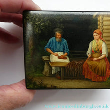 Load image into Gallery viewer, 19th Century Russian Lacquer Box with Painted Lid Showing Couple Making Bast Shoes. Folk Art
