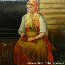 Load image into Gallery viewer, 19th Century Russian Lacquer Box with Painted Lid Showing Couple Making Bast Shoes. Folk Art

