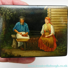 Load image into Gallery viewer, 19th Century Russian Lacquer Box with Painted Lid Showing Couple Making Bast Shoes. Folk Art
