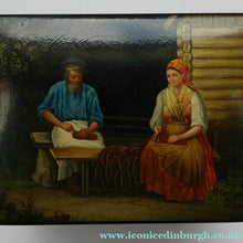 Load image into Gallery viewer, 19th Century Russian Lacquer Box with Painted Lid Showing Couple Making Bast Shoes. Folk Art
