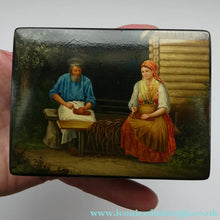 Load image into Gallery viewer, 19th Century Russian Lacquer Box with Painted Lid Showing Couple Making Bast Shoes. Folk Art
