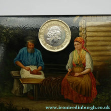 Load image into Gallery viewer, 19th Century Russian Lacquer Box with Painted Lid Showing Couple Making Bast Shoes. Folk Art
