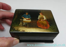 Load image into Gallery viewer, 19th Century Russian Lacquer Box with Painted Lid Showing Couple Making Bast Shoes. Folk Art

