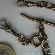 Load image into Gallery viewer, Antique 9CT Gold Double Albert Pocket Watch Chain. Length (clip end to clip end) 16 1/4 inches. Marked 9: 375
