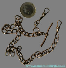 Load image into Gallery viewer, Antique 9CT Gold Double Albert Pocket Watch Chain. Length (clip end to clip end) 16 1/4 inches. Marked 9: 375
