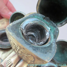 Load image into Gallery viewer, Antique Art Deco Egyptian Revival Brass Inkwell with Seated Figure and Ink Pots
