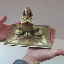 Load image into Gallery viewer, Antique Art Deco Egyptian Revival Brass Inkwell with Seated Figure and Ink Pots
