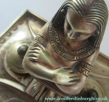Load image into Gallery viewer, Antique Art Deco Egyptian Revival Brass Inkwell with Seated Figure and Ink Pots
