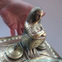 Load image into Gallery viewer, Antique Art Deco Egyptian Revival Brass Inkwell with Seated Figure and Ink Pots
