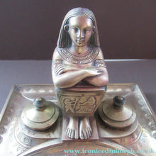 Load image into Gallery viewer, Antique Art Deco Egyptian Revival Brass Inkwell with Seated Figure and Ink Pots
