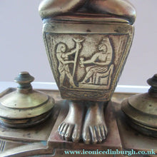 Load image into Gallery viewer, Antique Art Deco Egyptian Revival Brass Inkwell with Seated Figure and Ink Pots
