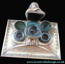 Load image into Gallery viewer, Antique Art Deco Egyptian Revival Brass Inkwell with Seated Figure and Ink Pots

