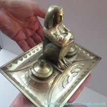 Load image into Gallery viewer, Antique Art Deco Egyptian Revival Brass Inkwell with Seated Figure and Ink Pots
