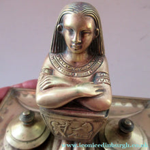 Load image into Gallery viewer, Antique Art Deco Egyptian Revival Brass Inkwell with Seated Figure and Ink Pots
