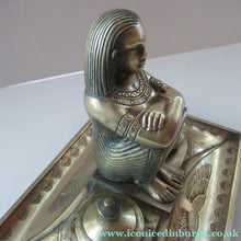 Load image into Gallery viewer, Antique Art Deco Egyptian Revival Brass Inkwell with Seated Figure and Ink Pots
