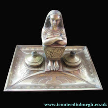 Load image into Gallery viewer, Antique Art Deco Egyptian Revival Brass Inkwell with Seated Figure and Ink Pots
