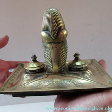 Load image into Gallery viewer, Antique Art Deco Egyptian Revival Brass Inkwell with Seated Figure and Ink Pots

