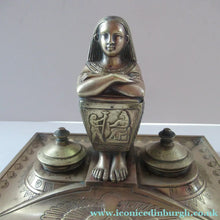 Load image into Gallery viewer, Antique Art Deco Egyptian Revival Brass Inkwell with Seated Figure and Ink Pots
