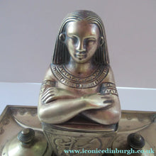 Load image into Gallery viewer, Antique Art Deco Egyptian Revival Brass Inkwell with Seated Figure and Ink Pots
