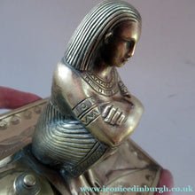 Load image into Gallery viewer, Antique Art Deco Egyptian Revival Brass Inkwell with Seated Figure and Ink Pots
